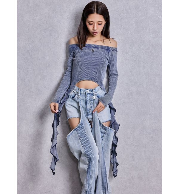 GYDA「GG SIDE DRAPE EDGEオフショルトップス」|Tシャツ・カットソー|