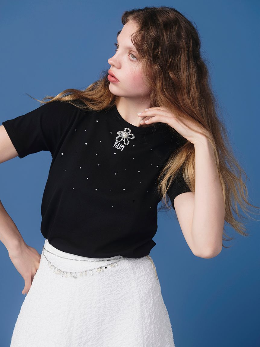 FURFUR「ラインストーンロゴ刺繍Tシャツ」|Tシャツ・カットソー|