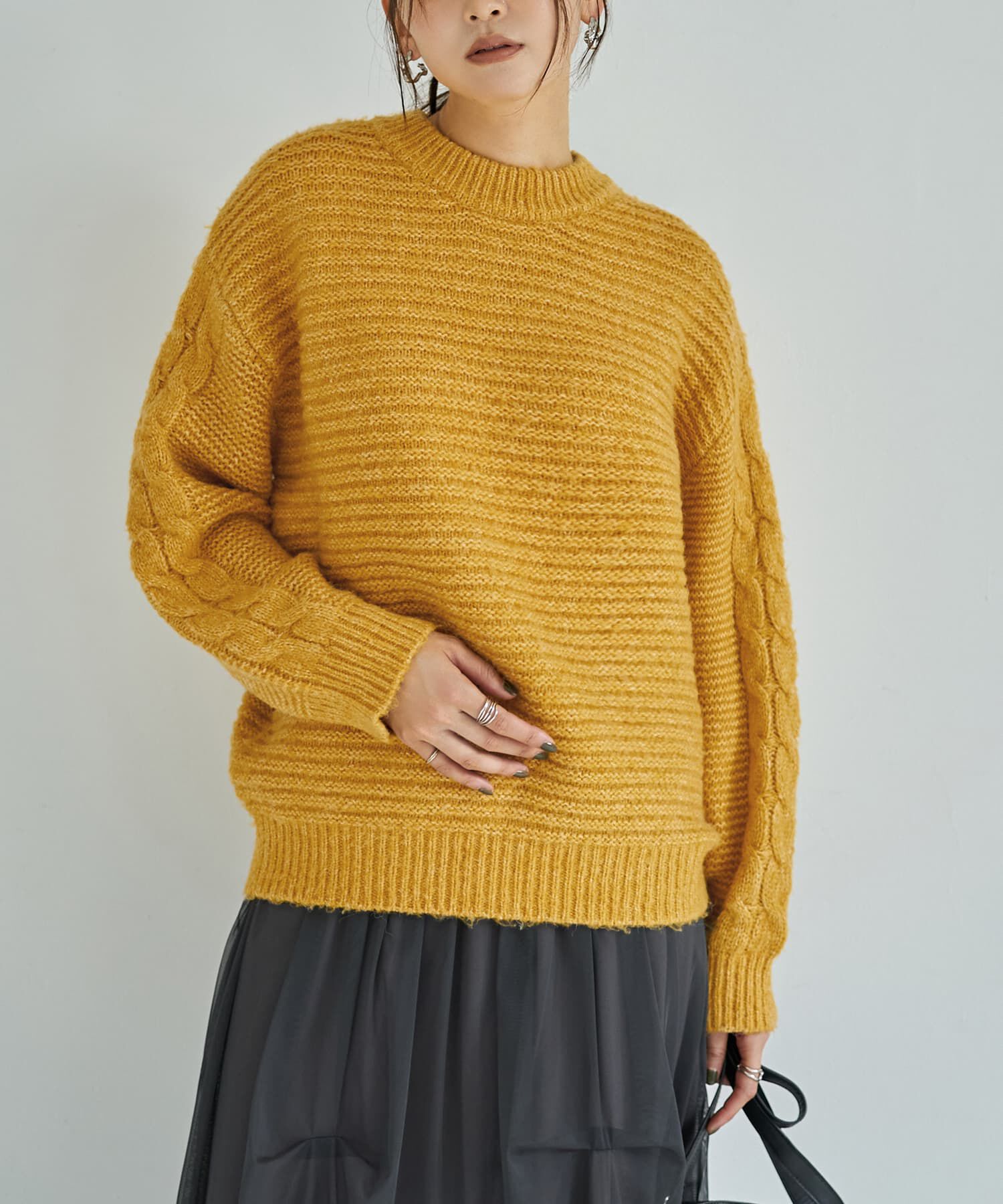 STYLE DELI「袖だけケーブル編みニットプルオーバー」|ニット・セーター|イエロー