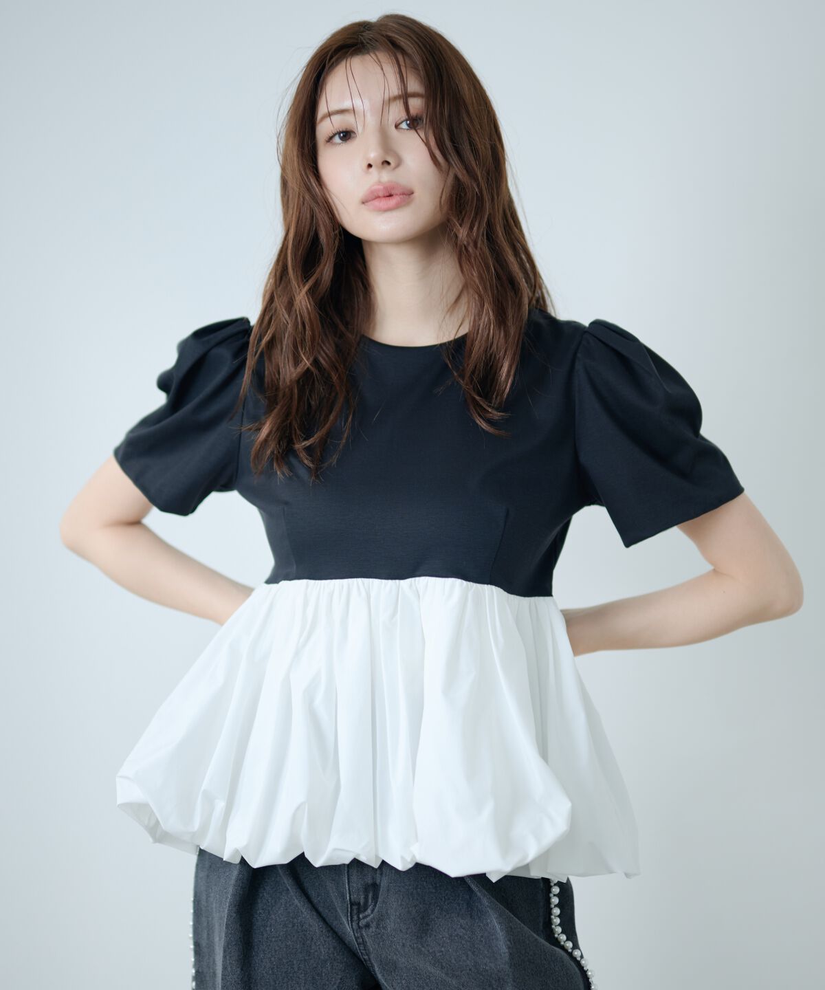 アンドクチュール「異素材ペプラムトップス」|Tシャツ・カットソー|