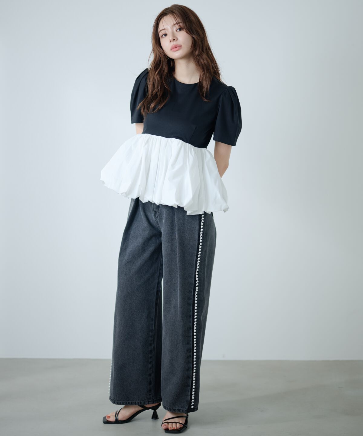 アンドクチュール「異素材ペプラムトップス」|Tシャツ・カットソー|