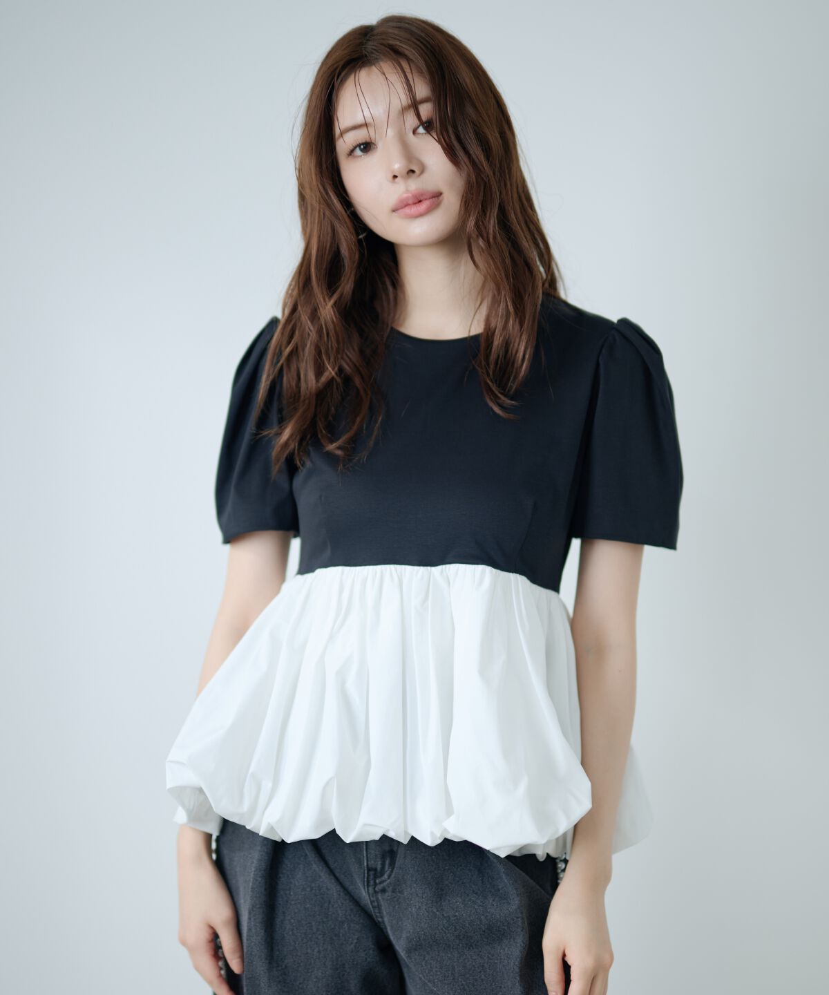 アンドクチュール「異素材ペプラムトップス」|Tシャツ・カットソー|