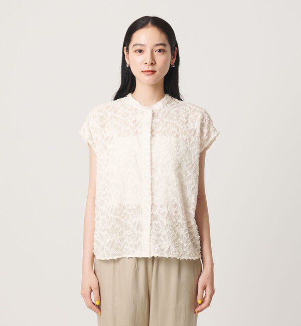 BEAUTY&YOUTH UNITED ARROWS「【WEB限定】シアージャガード バンドカラーフレンチスリーブブラウス ウォッシャブル」|シャツ・ブラウス|