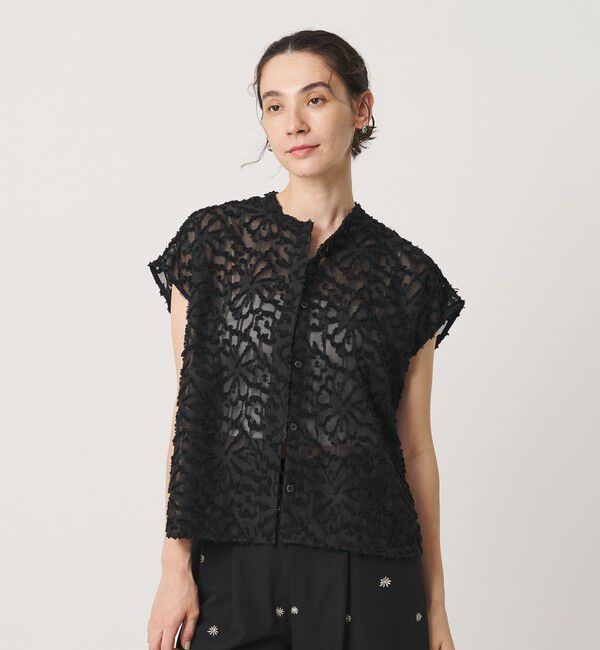 BEAUTY&YOUTH UNITED ARROWS「【WEB限定】シアージャガード バンドカラーフレンチスリーブブラウス ウォッシャブル」|シャツ・ブラウス|