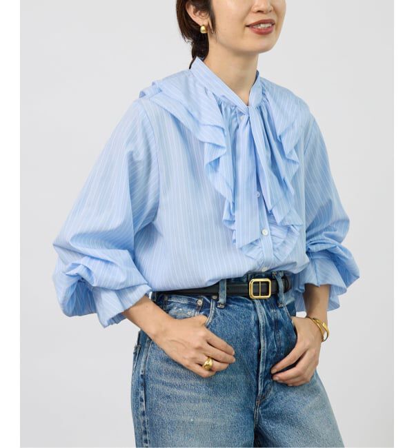 VERMEIL par iena「《予約》Pinstripe フリルブラウス」|シャツ・ブラウス|サックスベース