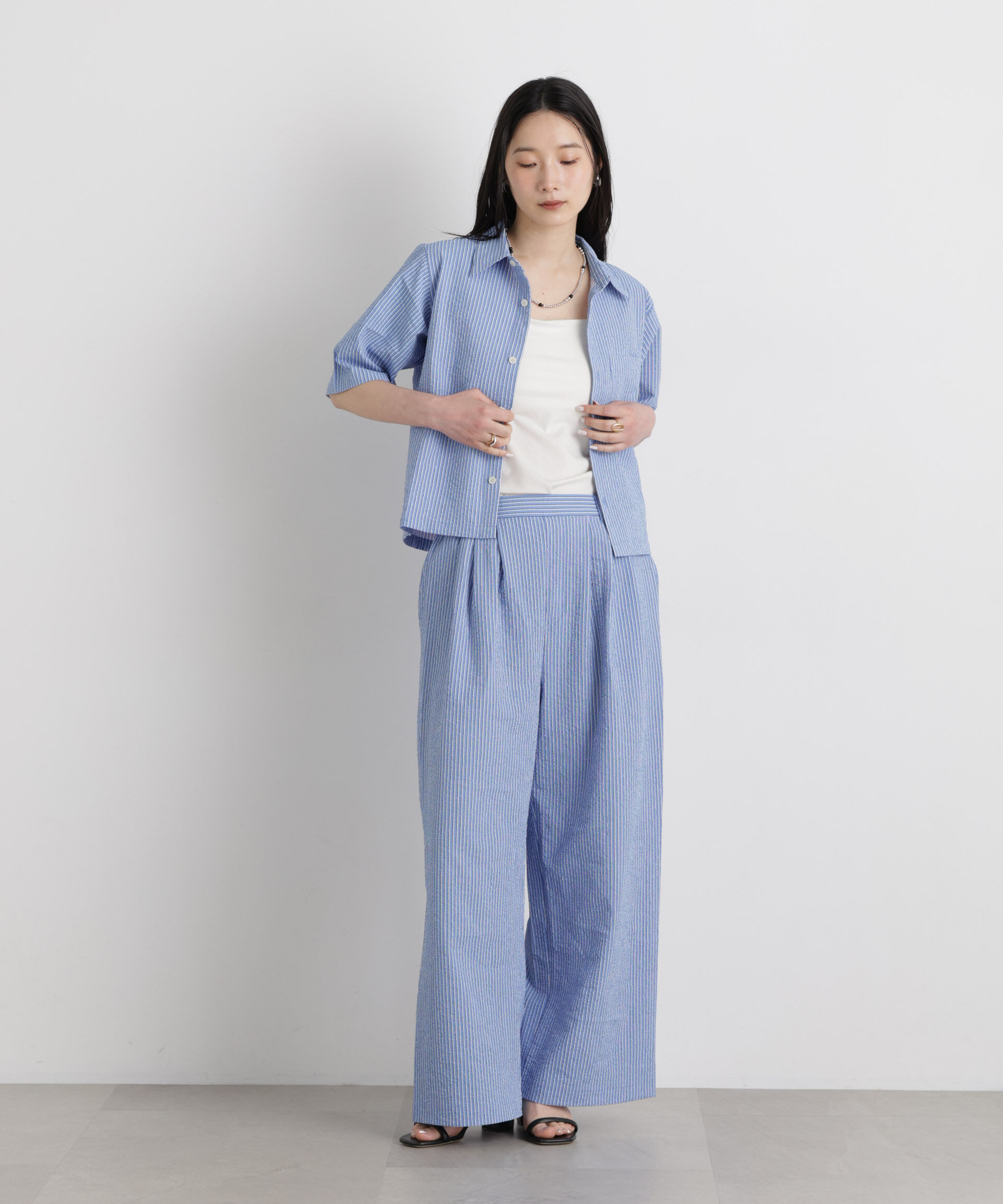 nano･universe「THOUSAND MILE/SEERSUCKER STRIPE SHIRT(セットアップ可)」|シャツ・ブラウス|