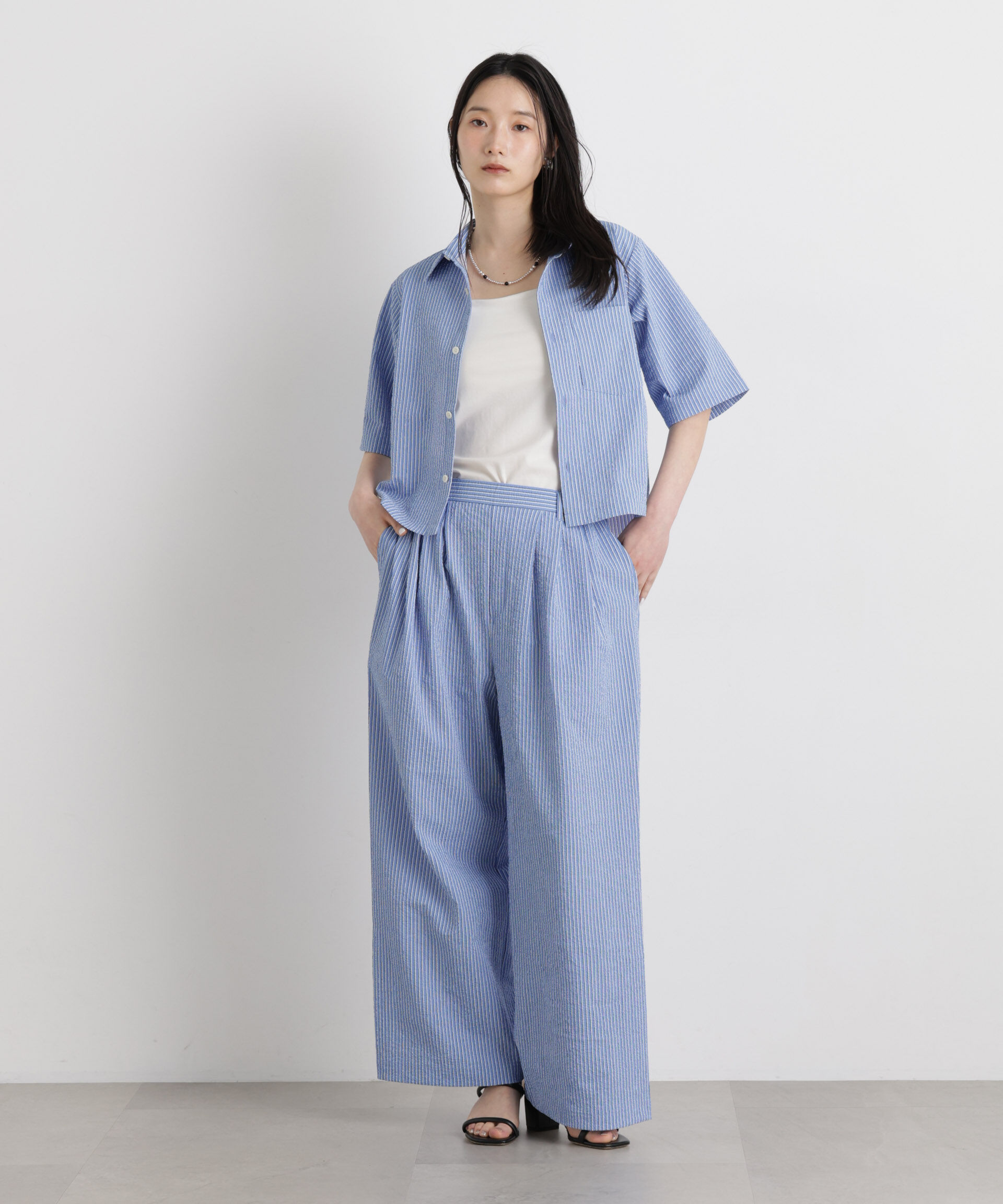 nano･universe「THOUSAND MILE/SEERSUCKER STRIPE SHIRT(セットアップ可)」|シャツ・ブラウス|