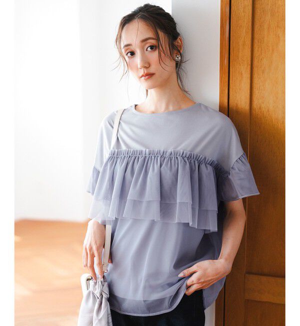 ANY SIS「【洗える】チュール重ね プルオーバー」|Tシャツ・カットソー|ライトグレー