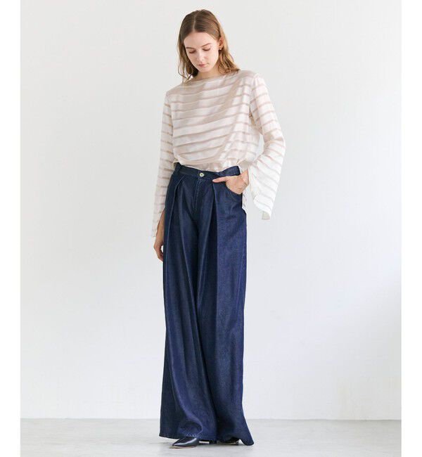 BEIGE,「HAUYNITE / ボーダーシアー ボートネックブラウス」|シャツ・ブラウス|