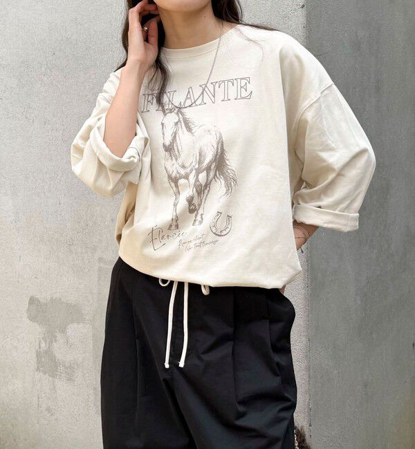 fredy emue「ホースプリント裾ドロストTシャツ」|Tシャツ・カットソー|ベージュ
