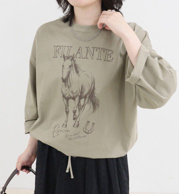 fredy emue「ホースプリント裾ドロストTシャツ」|Tシャツ・カットソー|カーキ