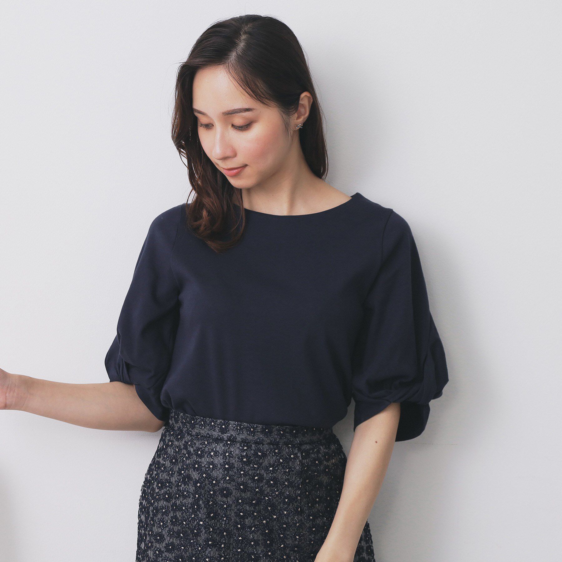 index「パフスリーブツイストタックトップス【洗濯機可／接触冷感／UVケア】」|Tシャツ・カットソー|ネイビー(094)