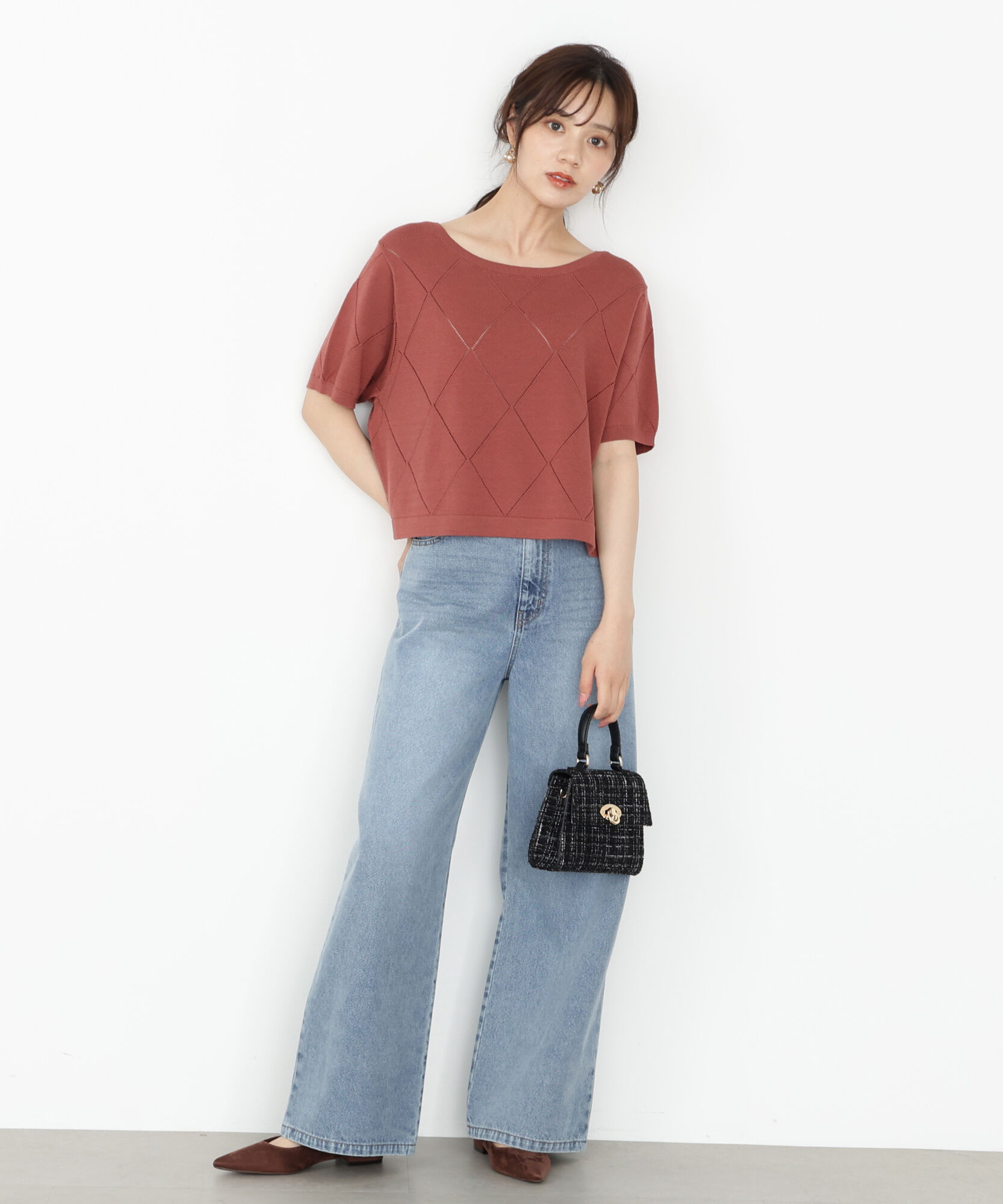 PROPORTION BODY DRESSING「＜ハンドウォッシャブル＞ダイヤ柄半袖ニット 25AW」|ニット・セーター|