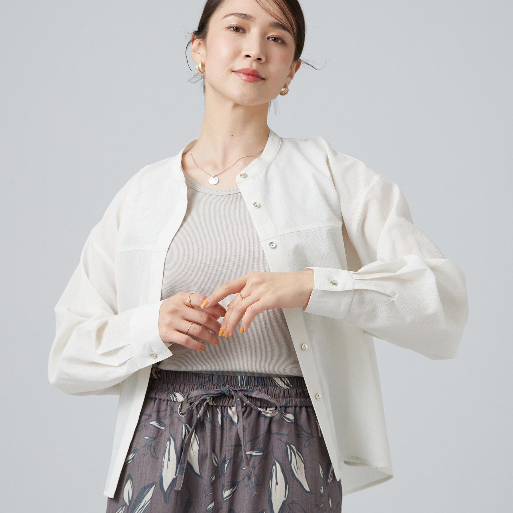 SHOO･LA･RUE「【通気性〇/S-LL/洗濯機可】さらりノーカラーシャツ」|シャツ・ブラウス|アイボリー(004)
