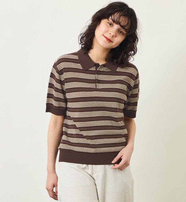 MACKINTOSH PHILOSOPHY「【GREY LABEL】リネンミックスボーダーポロニット」|ニット・セーター|キャメル