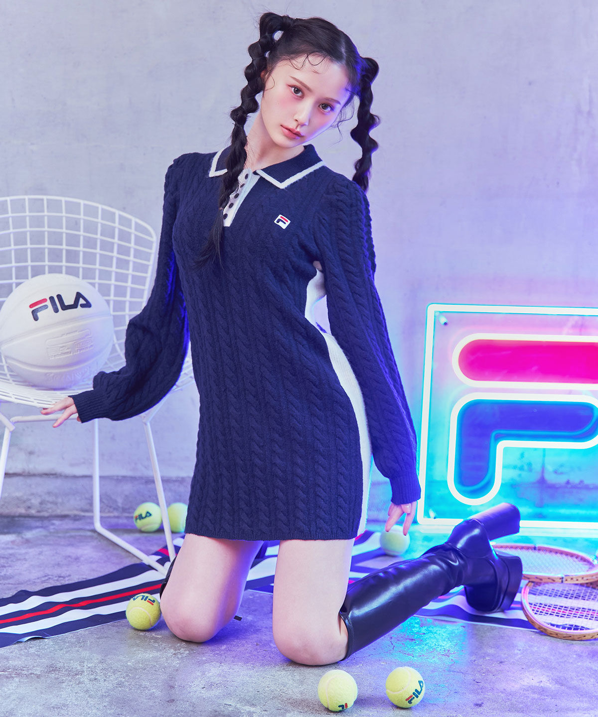 REDYAZEL「［FILA&times;REDYAZEL］ケーブルニットポロミニワンピース」|ワンピース|ネイビー