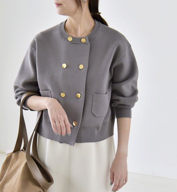 quaranciel「《一部追加予約》quaranciel:〈手洗い可能〉ノーカラー ダブル ボタン ジャケット カーディガン」|カーディガン|