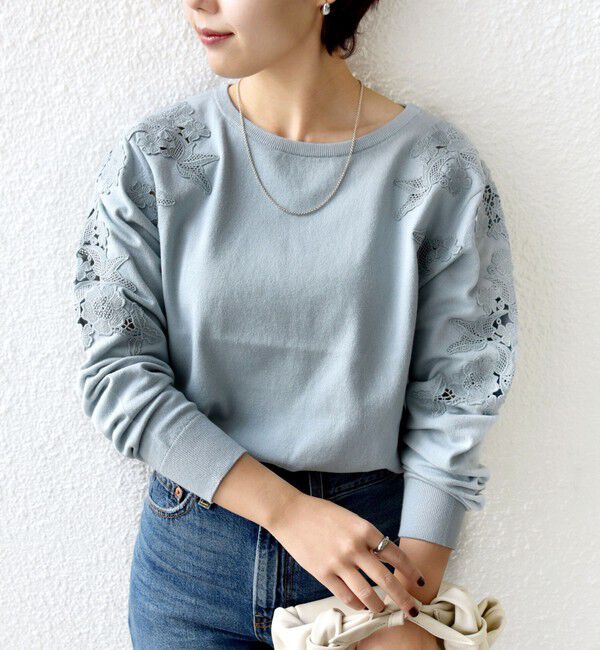 SHIPS for women「【WEB限定】〈手洗い可能〉ショルダー レース コンビ ニット プルオーバー」|ニット・セーター|