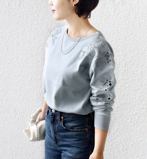 SHIPS for women「【WEB限定】〈手洗い可能〉ショルダー レース コンビ ニット プルオーバー」|ニット・セーター|