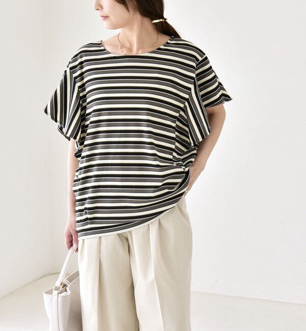 quaranciel「quaranciel:〈洗濯機可能〉マルチボーダー ラッフル コクーン プルオーバー」|Tシャツ・カットソー|