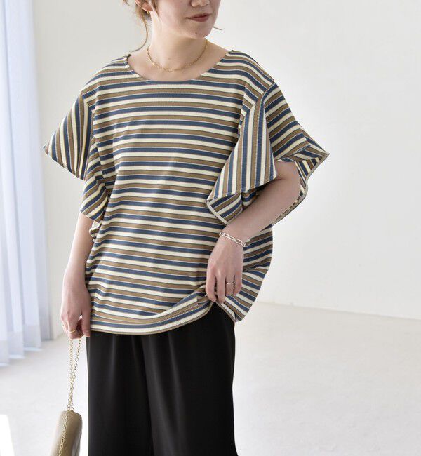 quaranciel「quaranciel:〈洗濯機可能〉マルチボーダー ラッフル コクーン プルオーバー」|Tシャツ・カットソー|