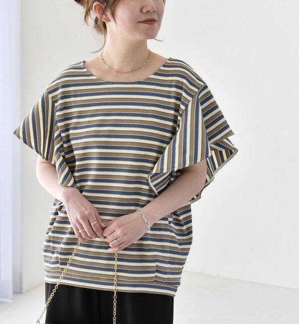quaranciel「quaranciel:〈洗濯機可能〉マルチボーダー ラッフル コクーン プルオーバー」|Tシャツ・カットソー|