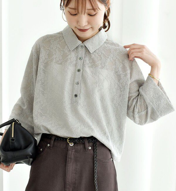 SHIPS for women「【WEB限定】〈手洗い可能〉シアー ジャカード ポロ ワイド スリーブ プルオーバー」|ポロシャツ|