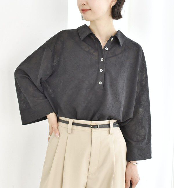 SHIPS for women「【WEB限定】〈手洗い可能〉シアー ジャカード ポロ ワイド スリーブ プルオーバー」|ポロシャツ|