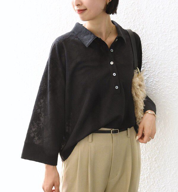 SHIPS for women「【WEB限定】〈手洗い可能〉シアー ジャカード ポロ ワイド スリーブ プルオーバー」|ポロシャツ|