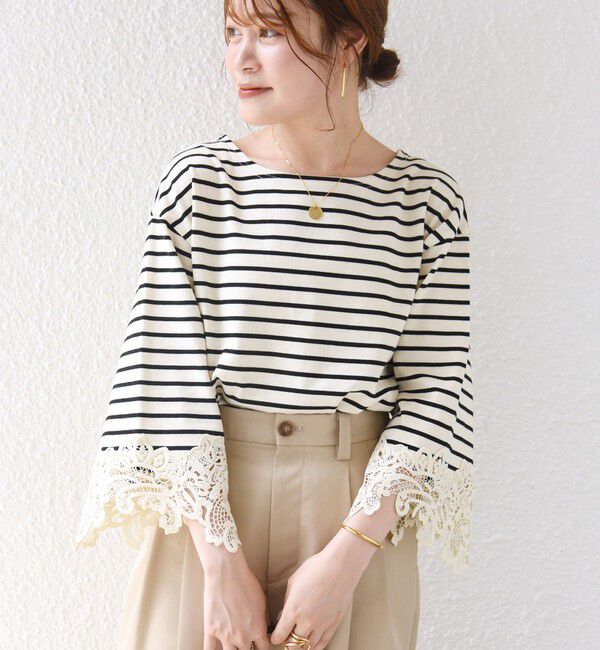 SHIPS for women「《予約》〈手洗い可能〉ボーダー 袖 レース ワイド プルオーバー」|Tシャツ・カットソー|ブラック