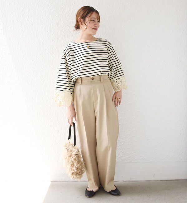 SHIPS for women「《予約》〈手洗い可能〉ボーダー 袖 レース ワイド プルオーバー」|Tシャツ・カットソー|