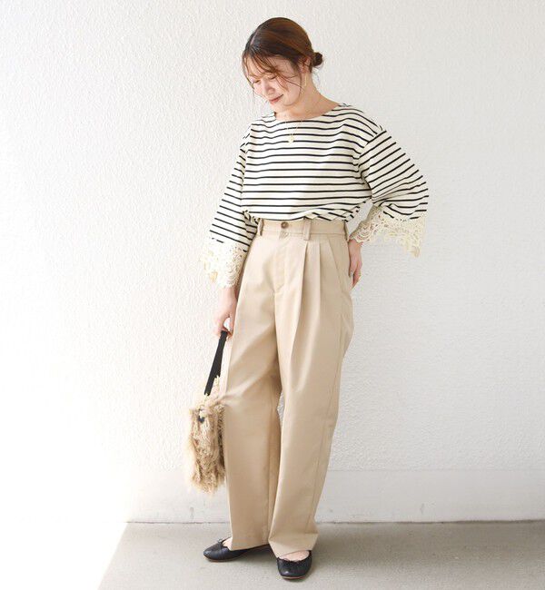 SHIPS for women「《予約》〈手洗い可能〉ボーダー 袖 レース ワイド プルオーバー」|Tシャツ・カットソー|