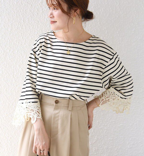 SHIPS for women「《予約》〈手洗い可能〉ボーダー 袖 レース ワイド プルオーバー」|Tシャツ・カットソー|