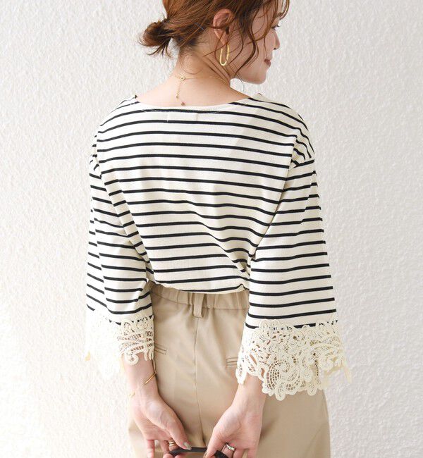 SHIPS for women「《予約》〈手洗い可能〉ボーダー 袖 レース ワイド プルオーバー」|Tシャツ・カットソー|