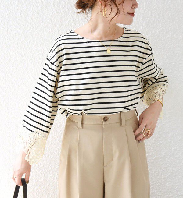 SHIPS for women「《予約》〈手洗い可能〉ボーダー 袖 レース ワイド プルオーバー」|Tシャツ・カットソー|