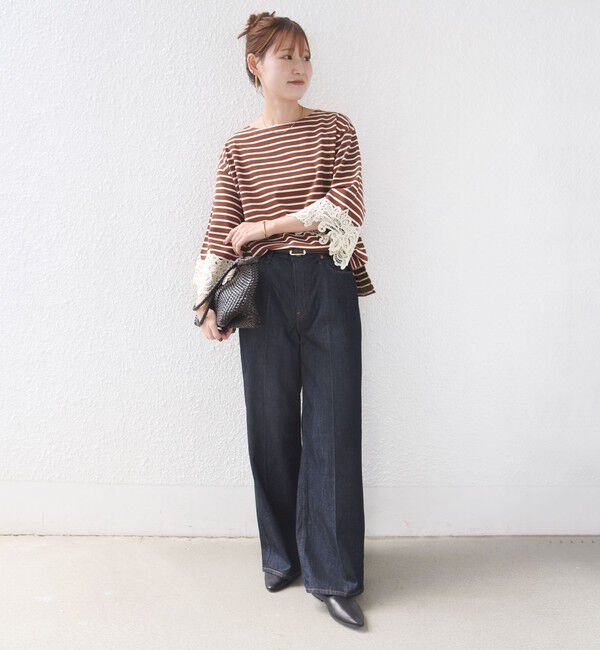 SHIPS for women「《予約》〈手洗い可能〉ボーダー 袖 レース ワイド プルオーバー」|Tシャツ・カットソー|