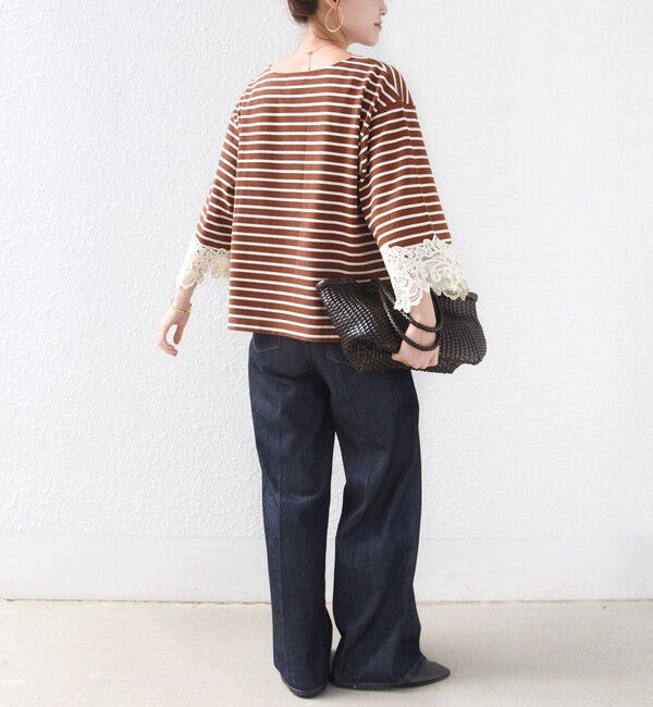 SHIPS for women「《予約》〈手洗い可能〉ボーダー 袖 レース ワイド プルオーバー」|Tシャツ・カットソー|