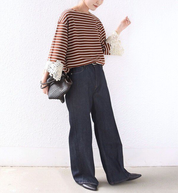 SHIPS for women「《予約》〈手洗い可能〉ボーダー 袖 レース ワイド プルオーバー」|Tシャツ・カットソー|