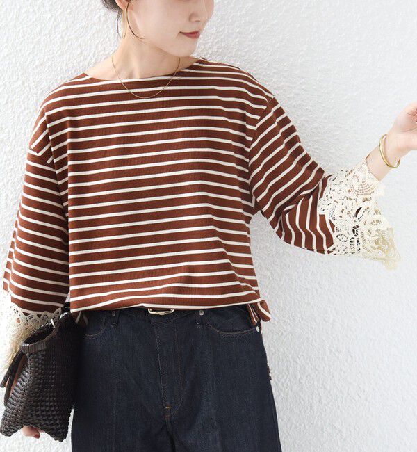 SHIPS for women「《予約》〈手洗い可能〉ボーダー 袖 レース ワイド プルオーバー」|Tシャツ・カットソー|