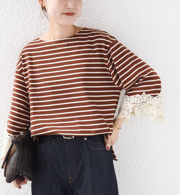 SHIPS for women「《予約》〈手洗い可能〉ボーダー 袖 レース ワイド プルオーバー」|Tシャツ・カットソー|