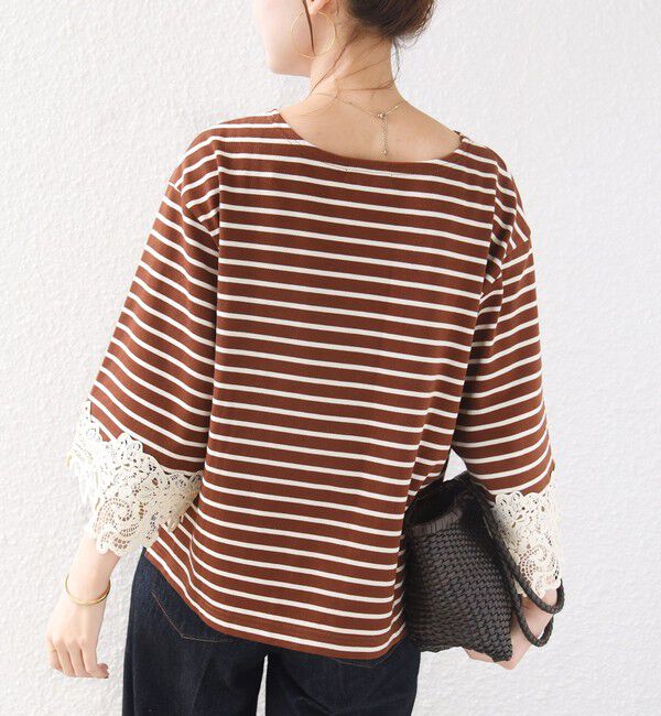 SHIPS for women「《予約》〈手洗い可能〉ボーダー 袖 レース ワイド プルオーバー」|Tシャツ・カットソー|