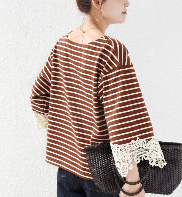 SHIPS for women「《予約》〈手洗い可能〉ボーダー 袖 レース ワイド プルオーバー」|Tシャツ・カットソー|