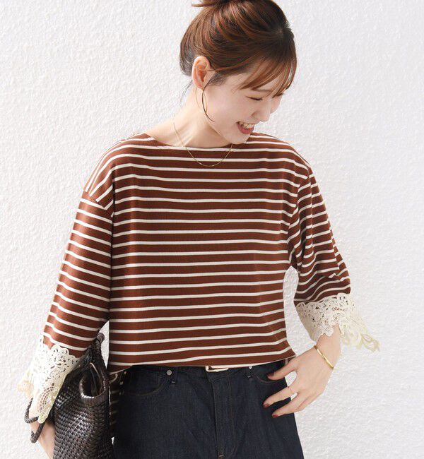 SHIPS for women「《予約》〈手洗い可能〉ボーダー 袖 レース ワイド プルオーバー」|Tシャツ・カットソー|