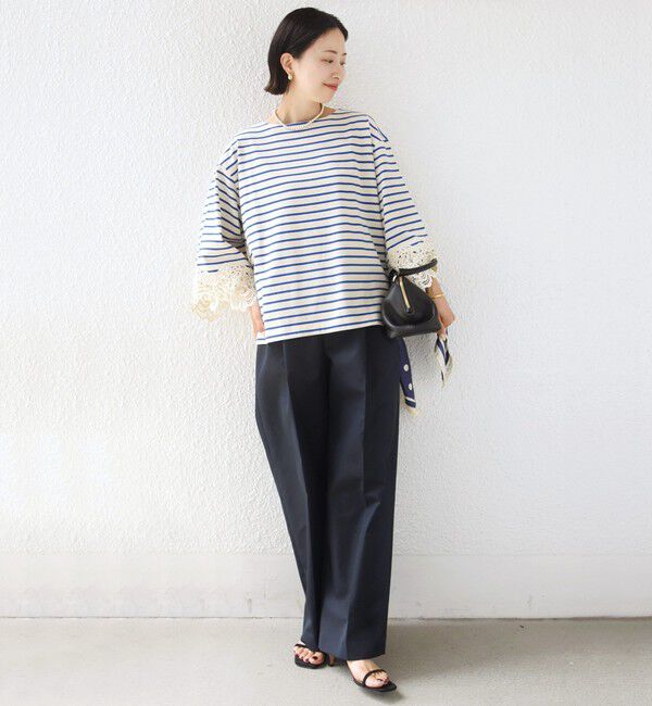 SHIPS for women「《予約》〈手洗い可能〉ボーダー 袖 レース ワイド プルオーバー」|Tシャツ・カットソー|