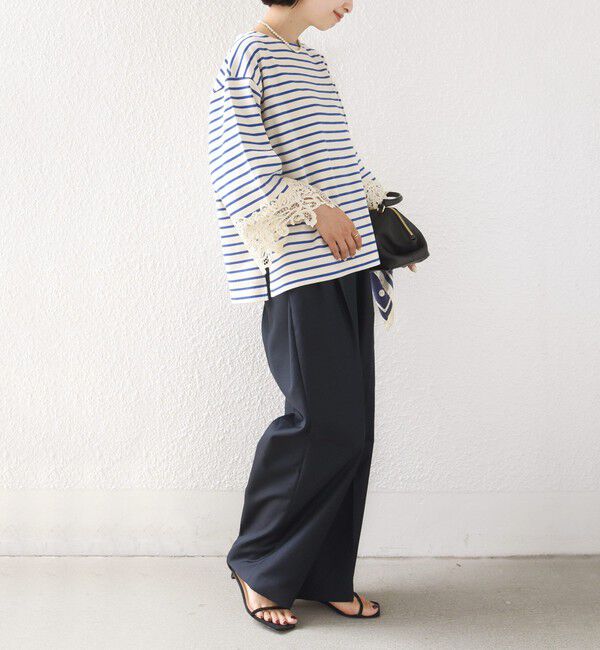 SHIPS for women「《予約》〈手洗い可能〉ボーダー 袖 レース ワイド プルオーバー」|Tシャツ・カットソー|