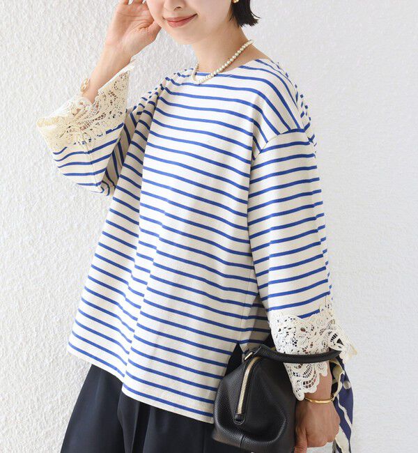 SHIPS for women「《予約》〈手洗い可能〉ボーダー 袖 レース ワイド プルオーバー」|Tシャツ・カットソー|