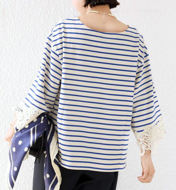 SHIPS for women「《予約》〈手洗い可能〉ボーダー 袖 レース ワイド プルオーバー」|Tシャツ・カットソー|