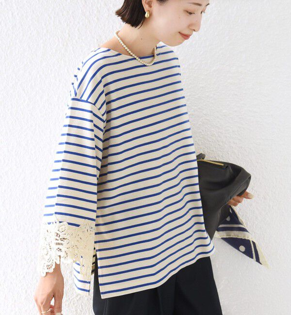 SHIPS for women「《予約》〈手洗い可能〉ボーダー 袖 レース ワイド プルオーバー」|Tシャツ・カットソー|
