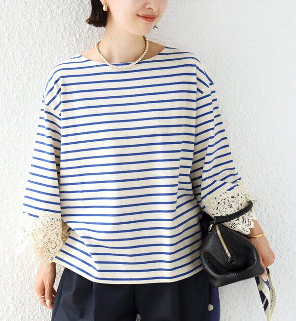 SHIPS for women「《予約》〈手洗い可能〉ボーダー 袖 レース ワイド プルオーバー」|Tシャツ・カットソー|