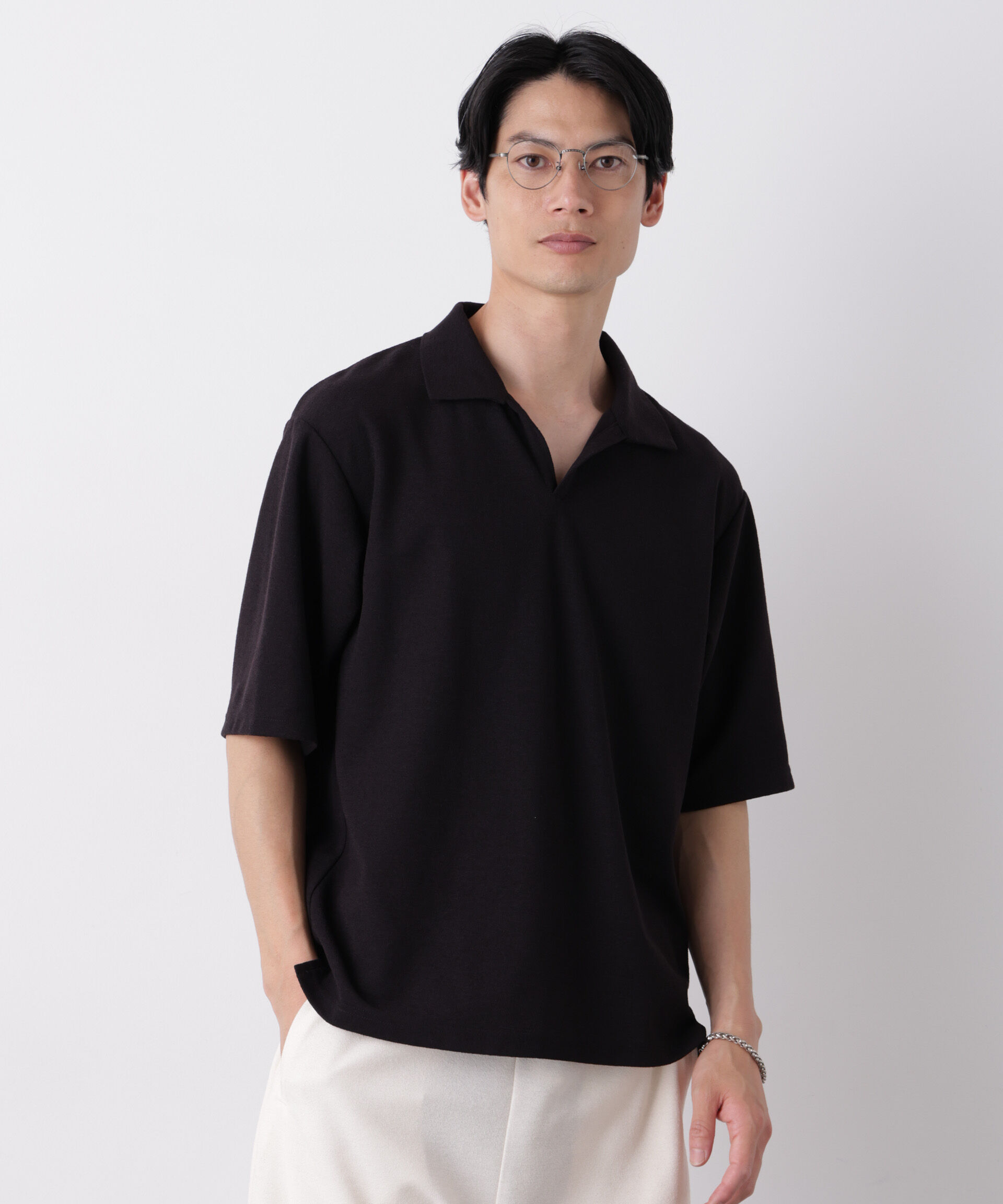 NANO universe「マイクロパイル スキッパーポロシャツ 吸水速乾（セットアップ可）」|Tシャツ・カットソー|ブラック